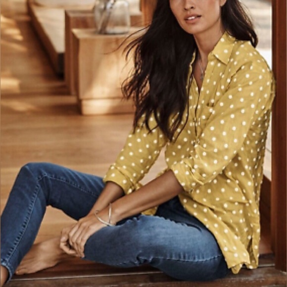 J. Jill Relaxed One Pocket Shirt Yellow with White Polka Dots Size Large - Picture 2 of 7